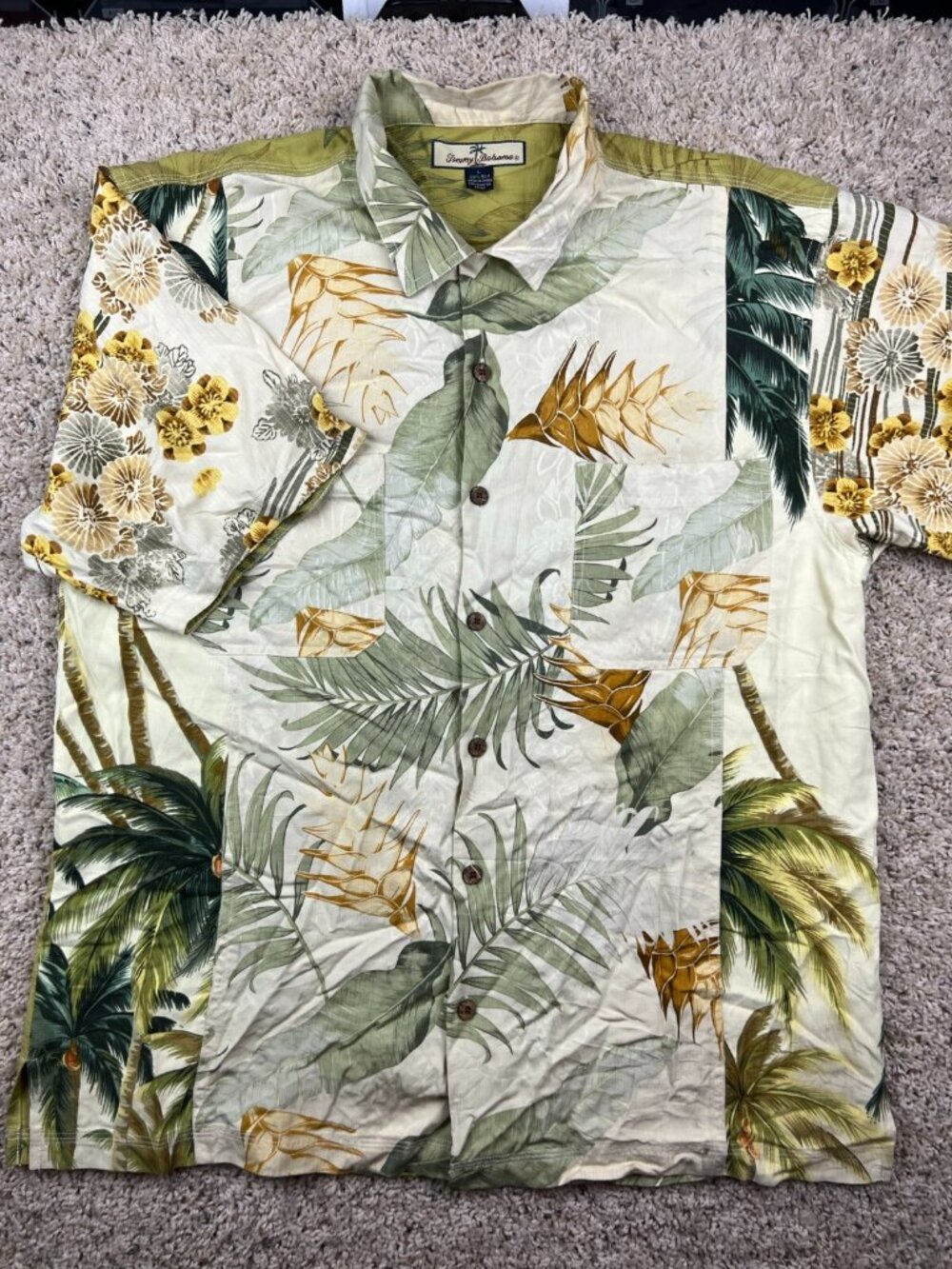 Tommy Bahama ALL SILK Hawaiian Button Up Camp Shirt Luau Floral Ivory Large Men